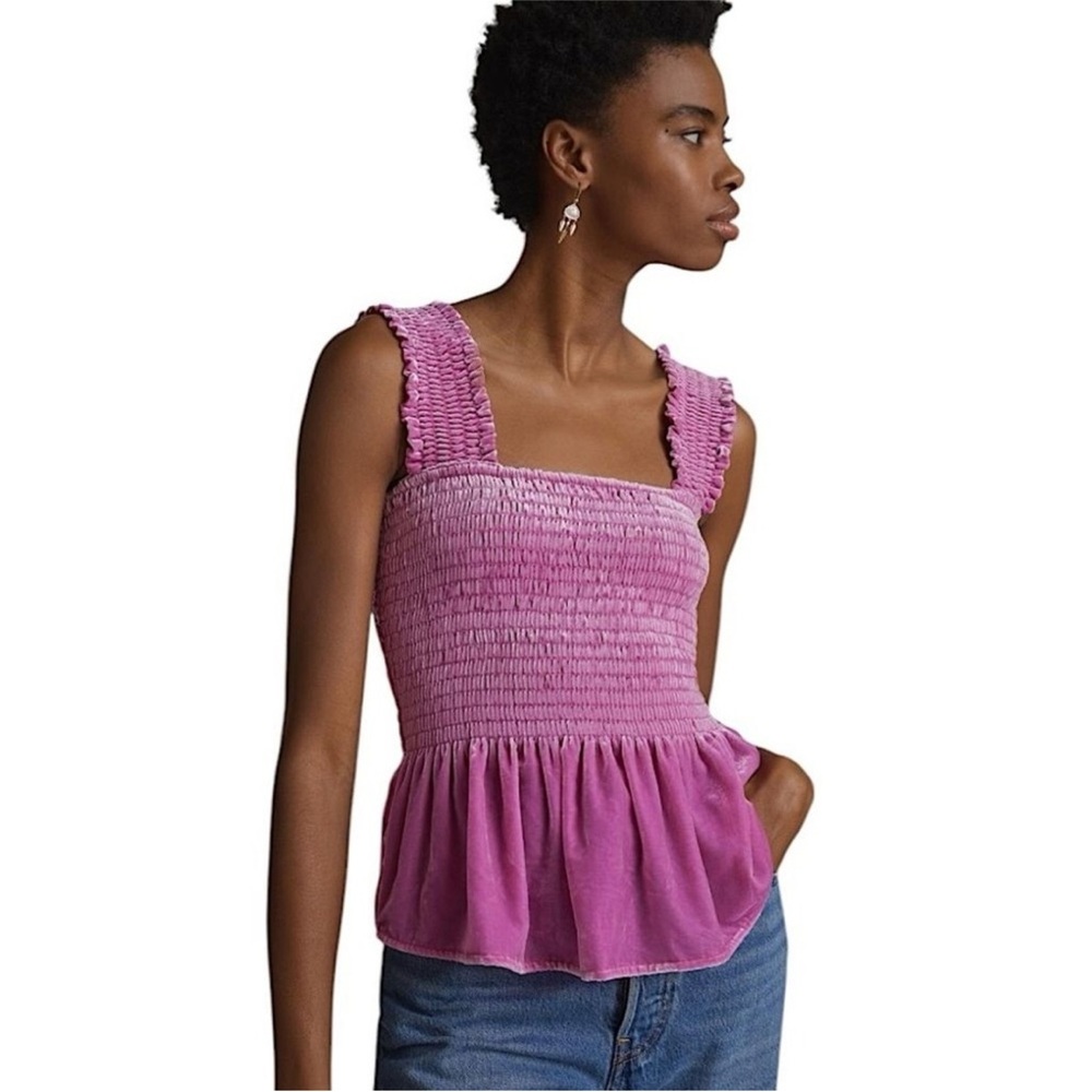 Anthropologie Smocked Velvet Babydoll Tank Top Pink Rose Large NWT‎